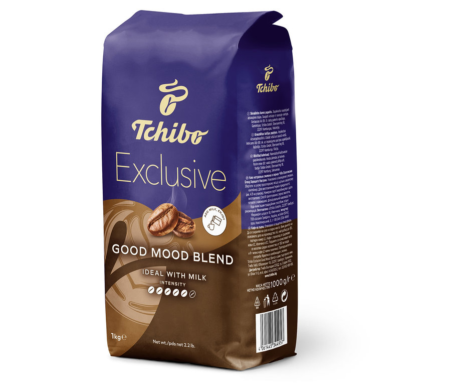 Opakowanie kawy ziarnistej Tchibo Exclusive Good Mood Blend 1 kg.