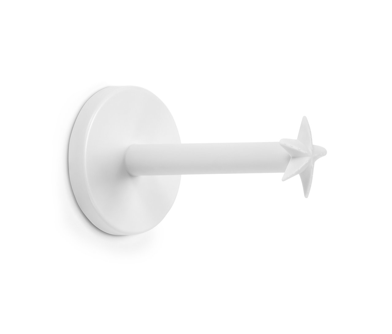 Biały uchwyt na papier toaletowy.