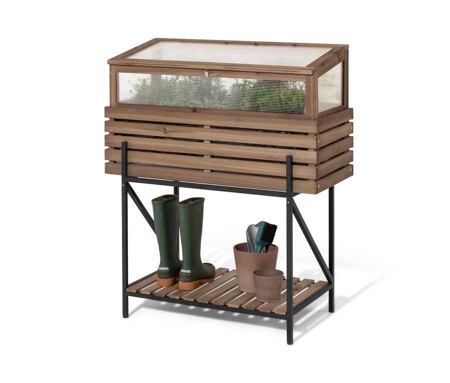 Wysoka rabatka z inspektem „Elin” stoi na czarnej półce. Na półce stoją zielone kalosze i doniczki.