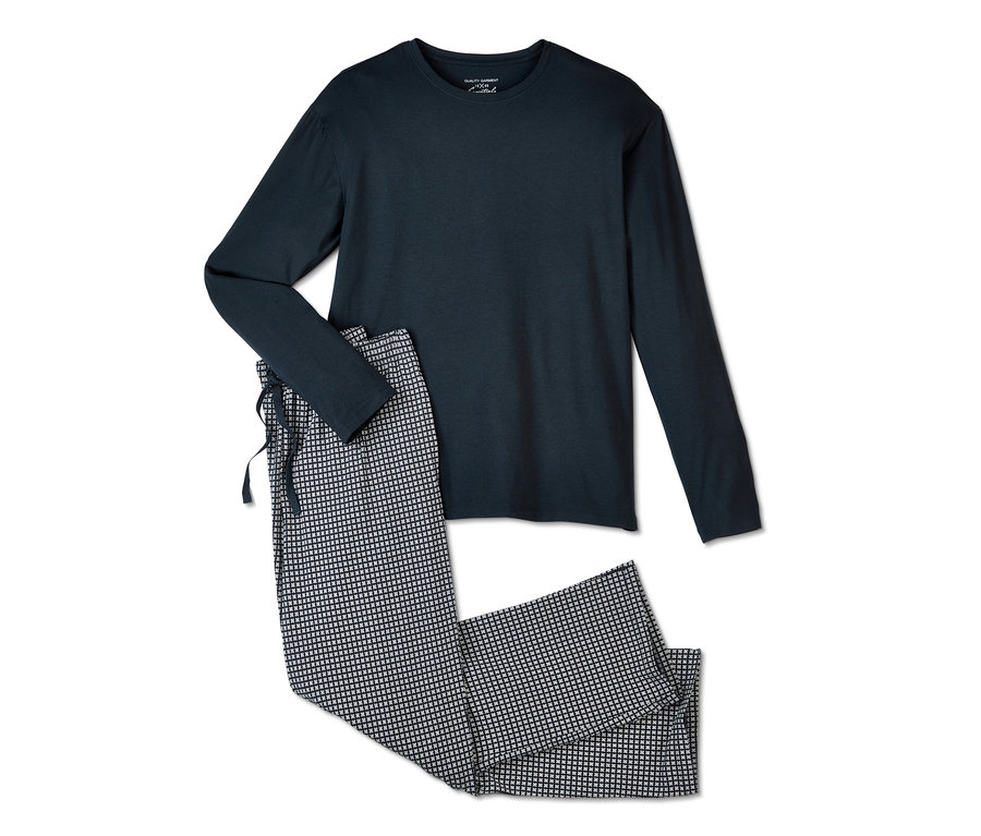 Granatowa piżama męska z długim rękawem i wzorzystymi spodniami.