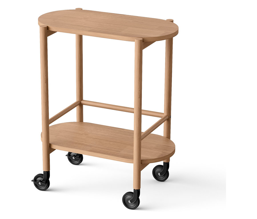 Dwupoziomowy drewniany wózek na kółkach.