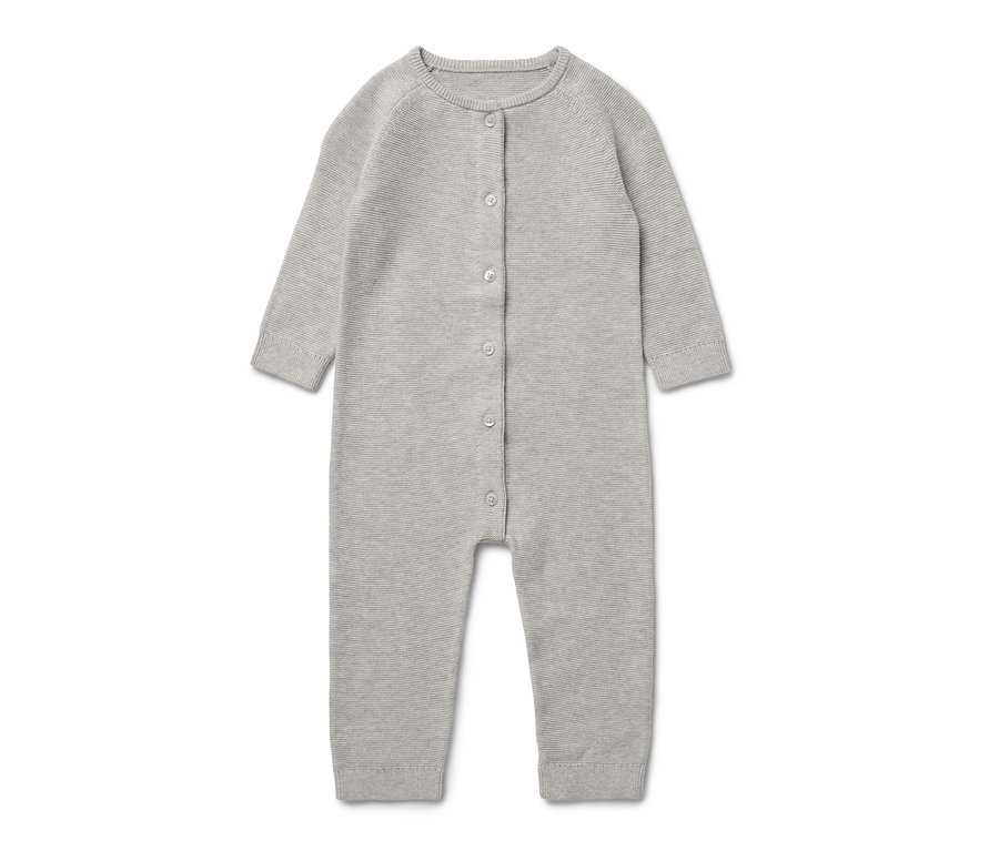 Szary kombinezon z dzianiny dla dzieci z guzikami.