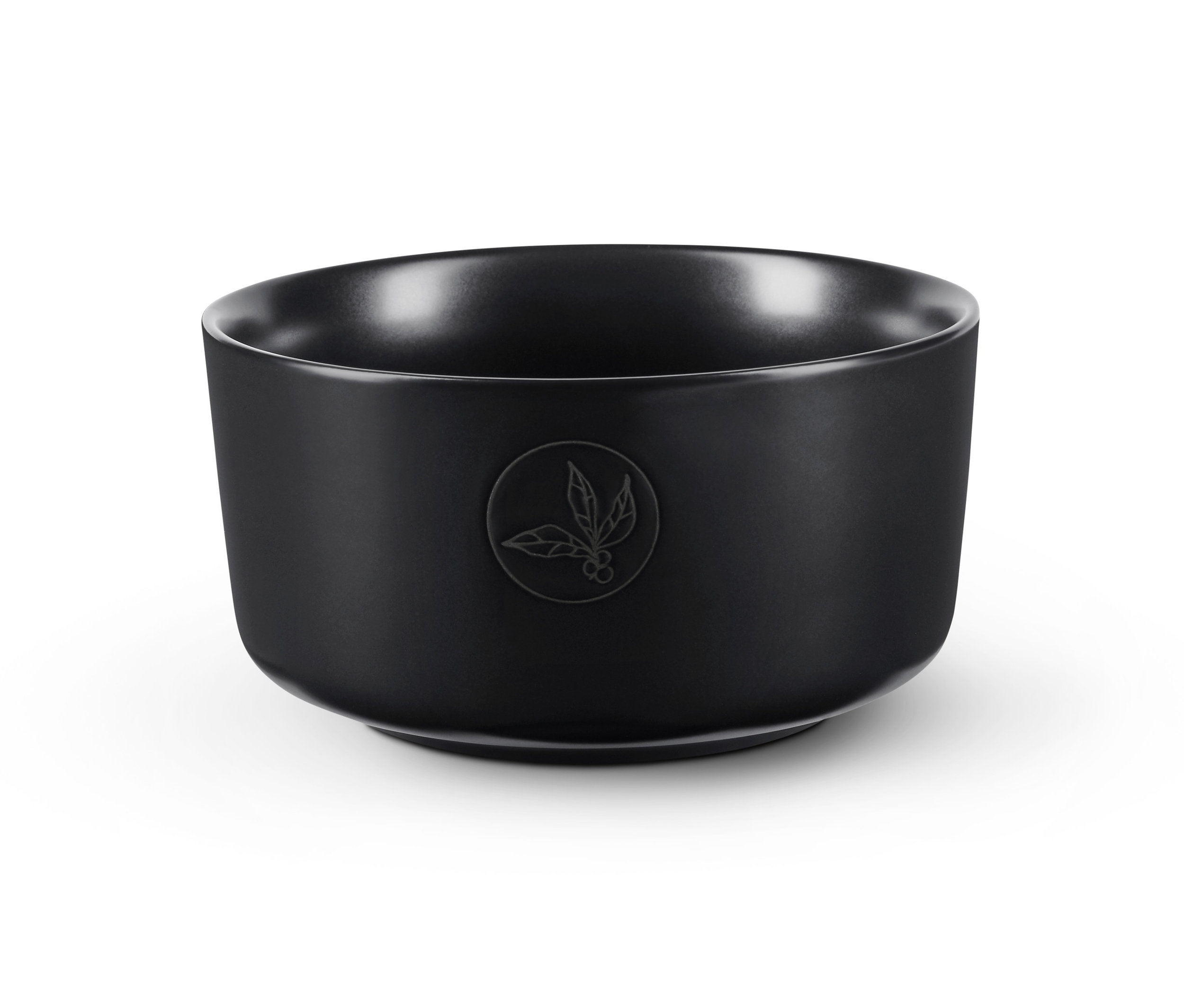 Czarna miseczka z logo liścia pośrodku.
