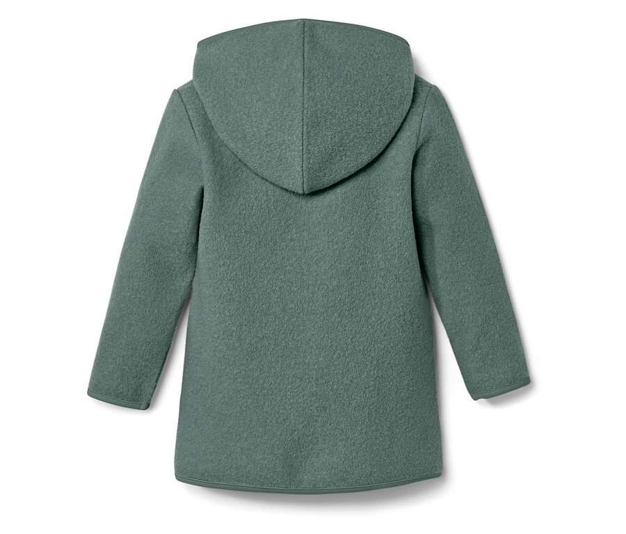 Widok z tyłu zielonego wełnianego płaszcza z kapturem.