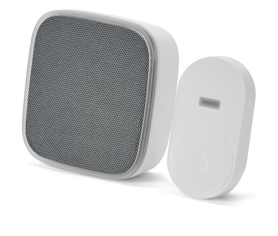 Biały bezprzewodowy dzwonek do drzwi Funktürklingel z szarą maskownicą głośnika.