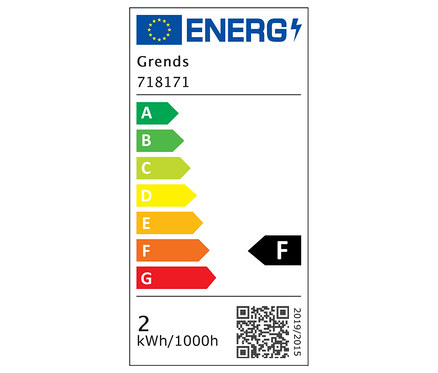 Etykieta energetyczna Grends 718171, klasa F, zużycie 2 kWh/1000h.
