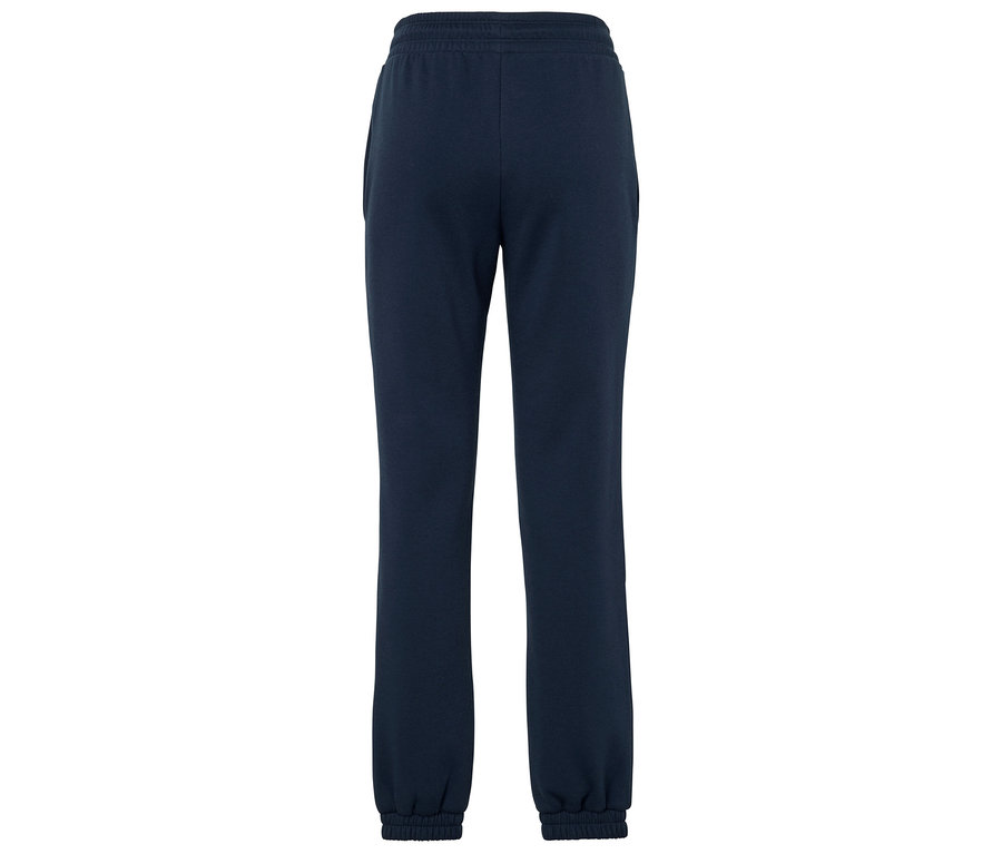Widok z tyłu granatowych spodni dresowych z elastycznym pasem i mankietami.