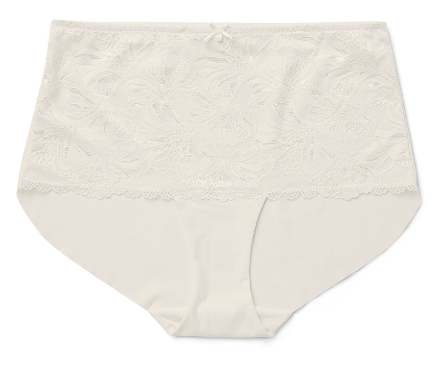 Beżowe majtki damskie z kwiatową koronką i kokardką w pasie.