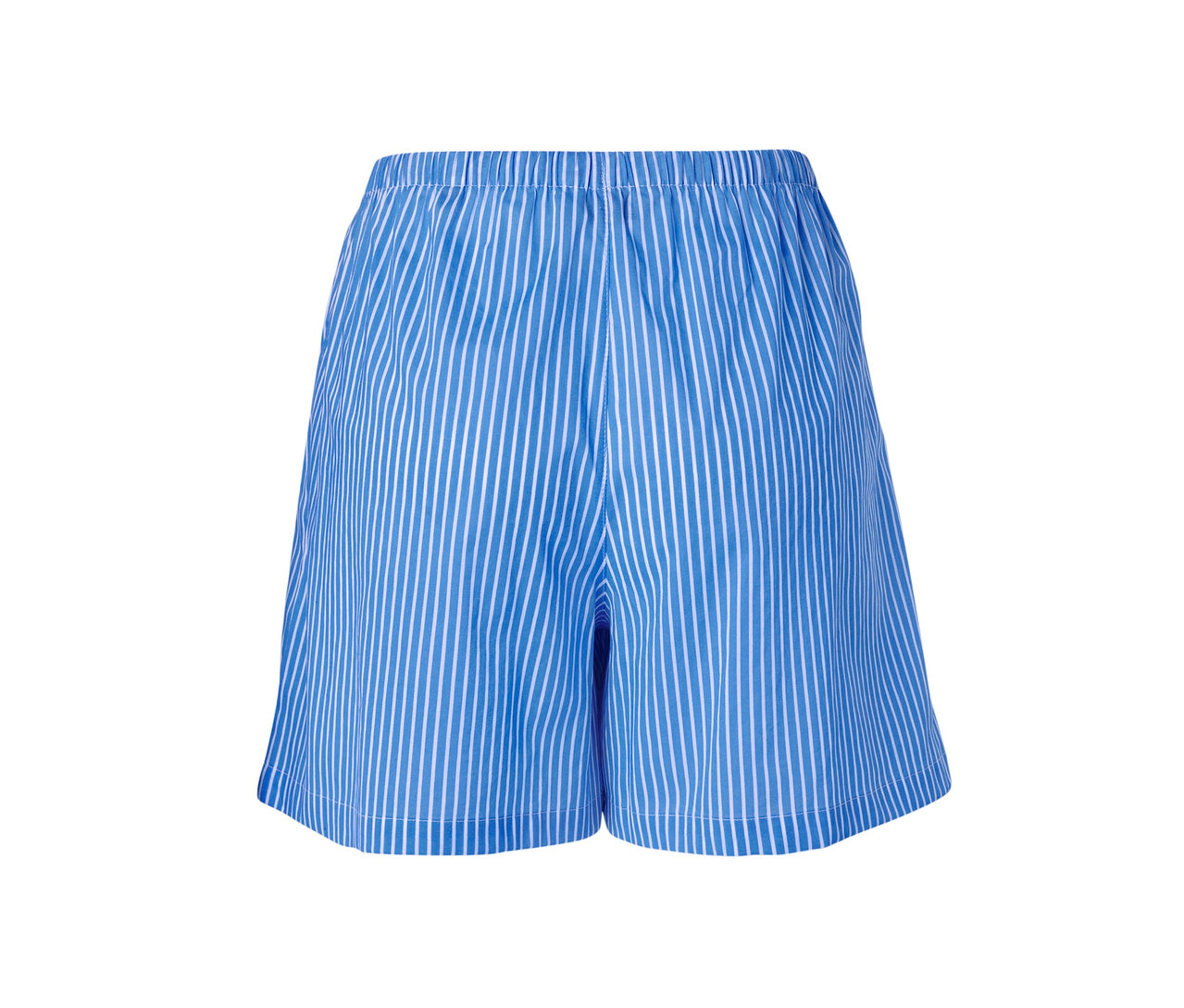 Niebieskie tkane szorty w białe paski.