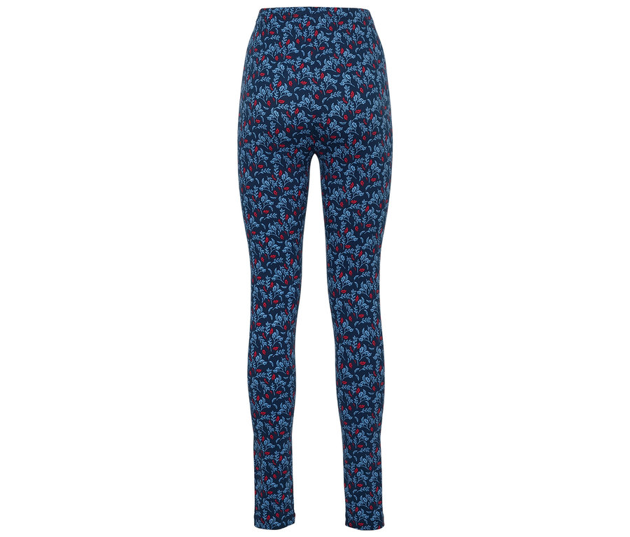 Niebieskie legginsy z czerwonym kwiatowym wzorem.