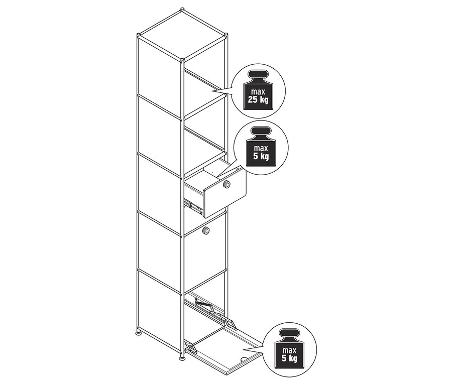 Rysunek techniczny wysokiej, wąskiej metalowej szafki „CN3” z 2 klapami i 2 szufladami. Jedna szuflada jest otwarta (maks. 5 kg), jedna klapa jest otwarta (maks. 5 kg). Otwarta półka wskazuje maksymalne obciążenie 25 kg.