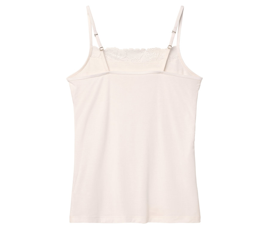Widok z tyłu białego podkoszulka na ramiączkach z koronkowymi detalami i regulowanymi ramiączkami.