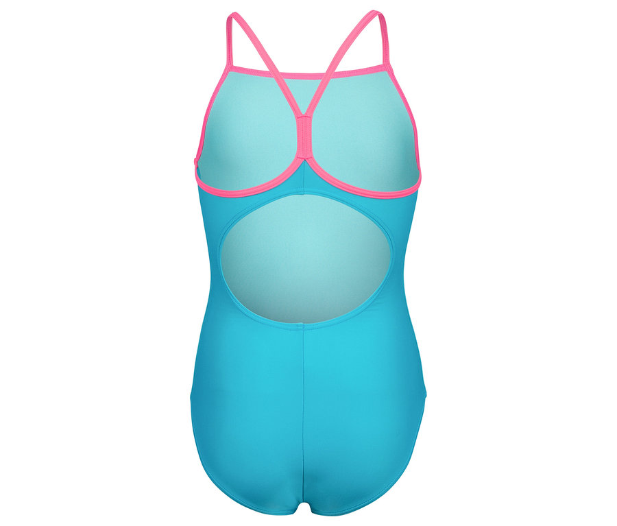 Widok z tyłu turkusowego stroju kąpielowego z różowymi ramiączkami.