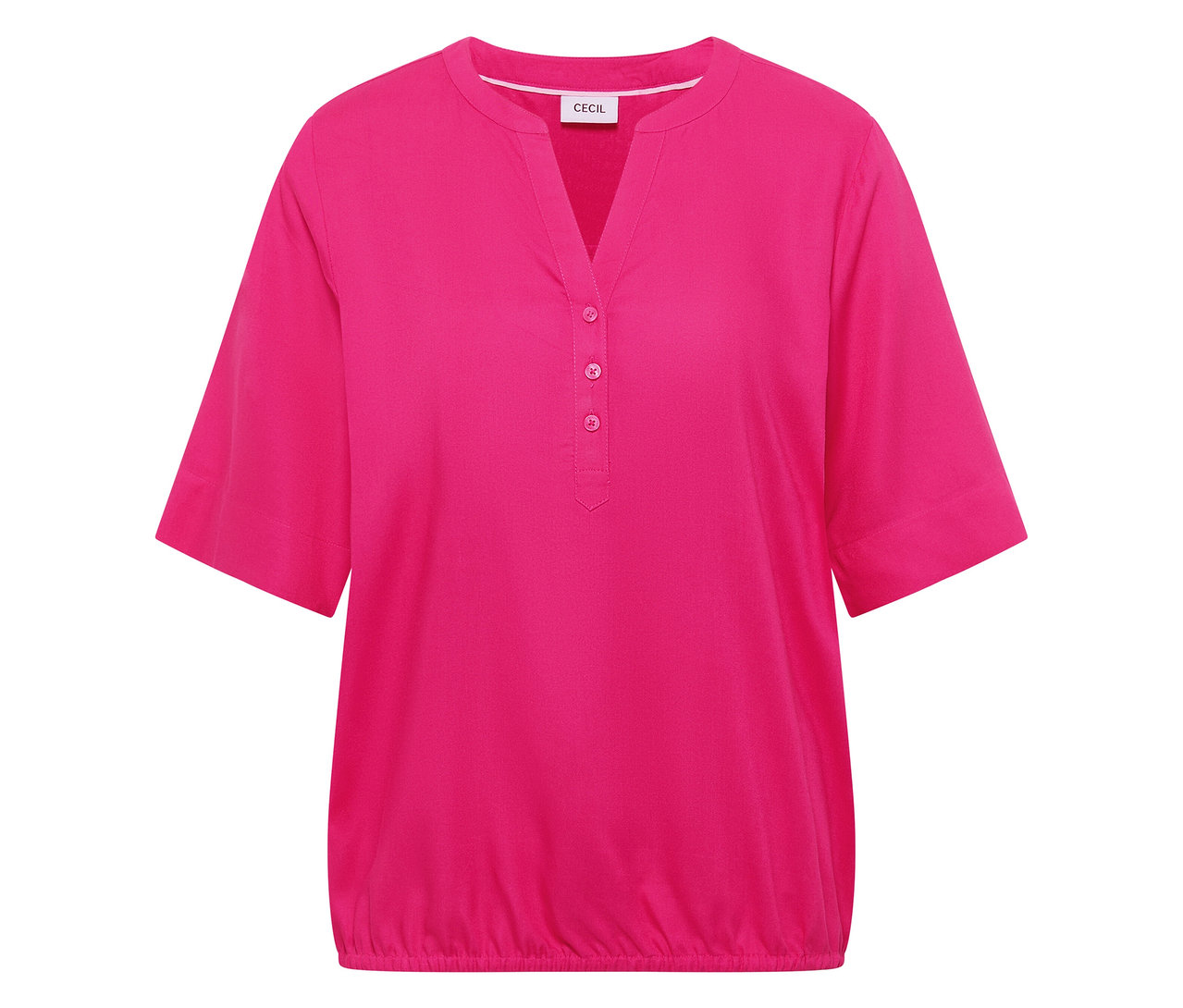 Różowa bluzka tunikowa CECIL z dekoltem w serek i krótkimi rękawami.