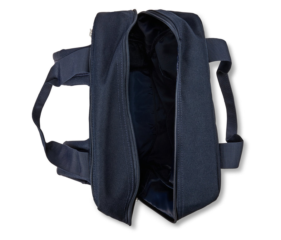 Granatowa torba z otwartym zamkiem błyskawicznym, widoczna podszewka.