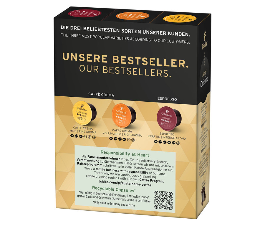 Opakowanie Cafissimo Best of Cafissimo 30 kapsułek z trzema smakami: Caffè Crema Mild Fine Aroma, Caffè Crema Vollmundig Rich Aroma i Espresso Kräftig Intense Aroma.