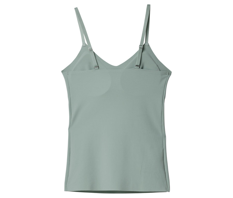 Jasnozielony top na ramiączkach spaghetti, sfotografowany od tyłu.