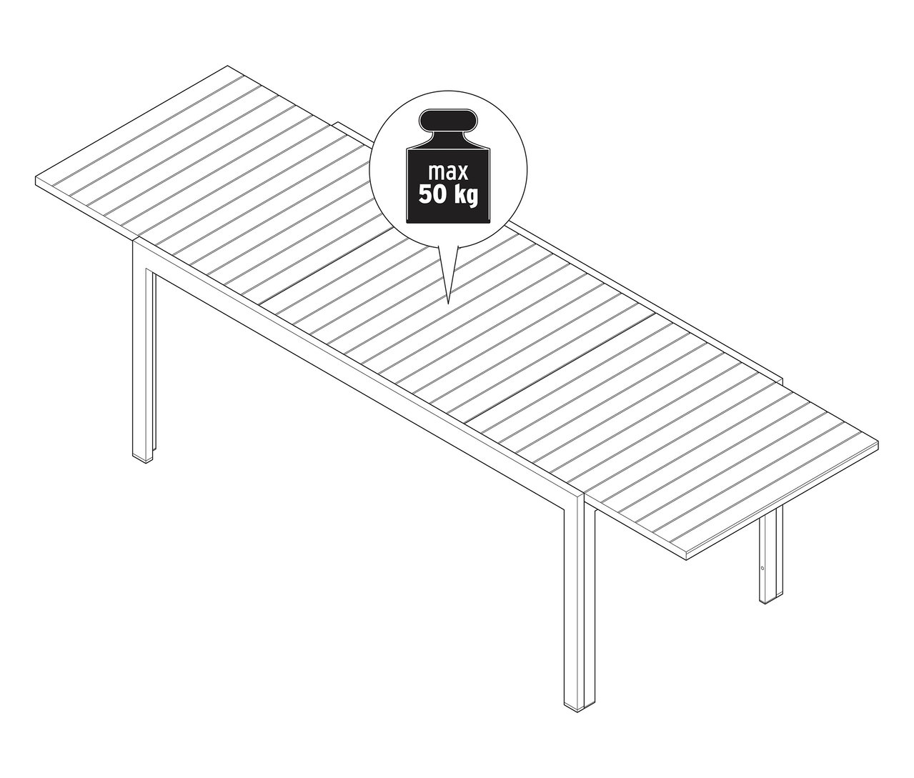 Widok z góry na rozsuwany stół ogrodowy z aluminium „Liska” o wymiarach ok. 200–300 cm z informacją o maksymalnej wadze 50 kg.