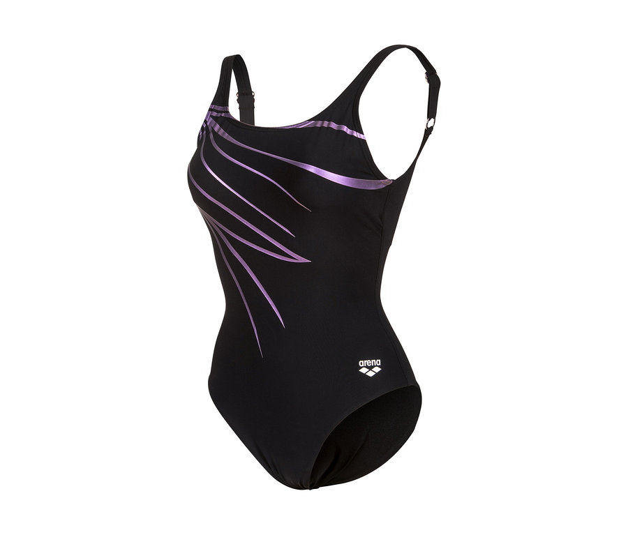 Czarny damski strój kąpielowy arena Shapewear Lili B-Cup z fioletowymi falistymi liniami po lewej stronie i regulowanymi ramiączkami.
