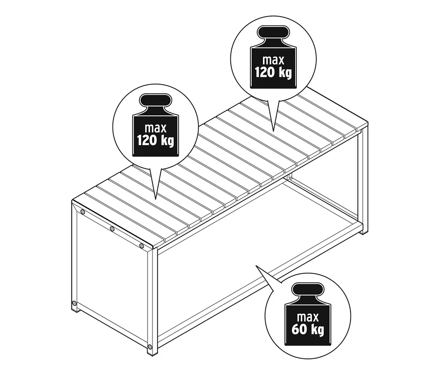 Rysunek ławki na drewno do kominka 110 cm z limitami wagowymi: 120 kg na górze i 60 kg w przestrzeni do przechowywania.