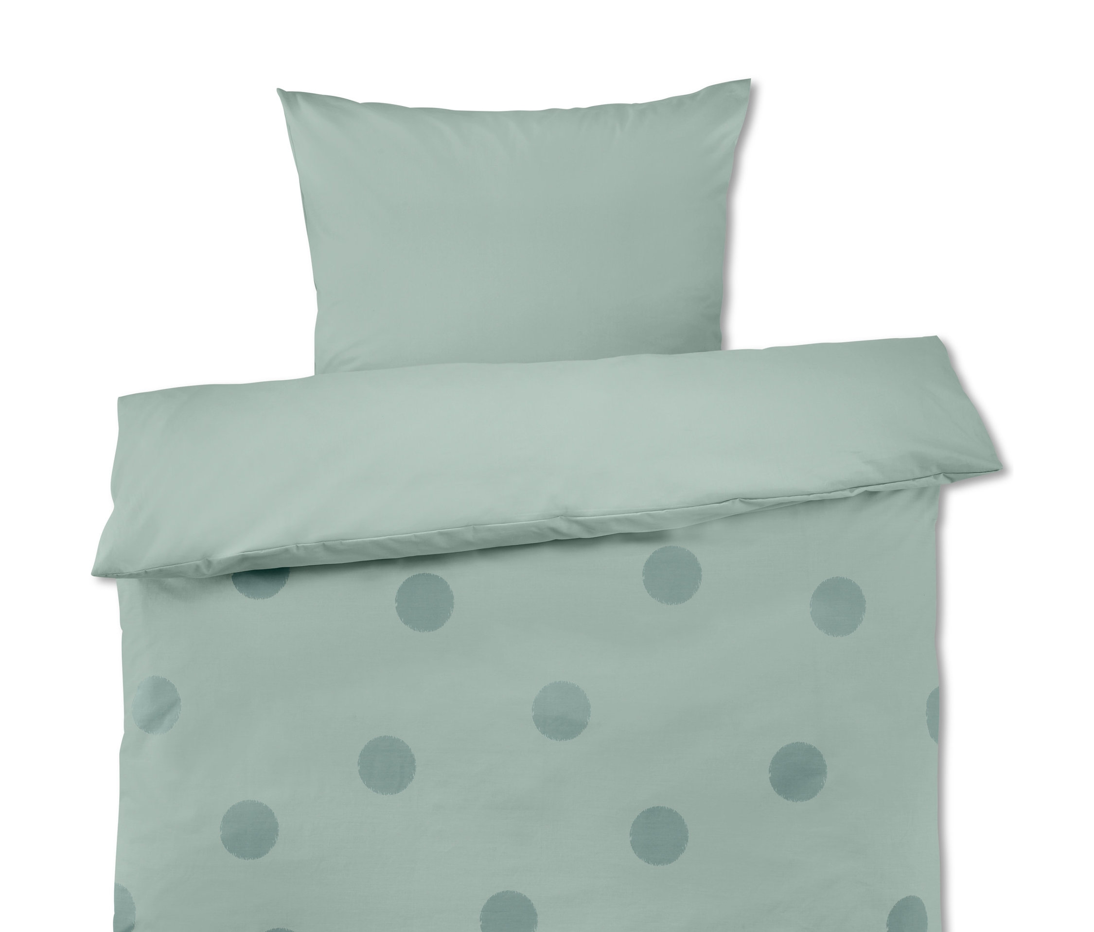 Jasnozielona, dwustronna pościel z perkalu w szare kropki na 2 poduszki i kołdrę.