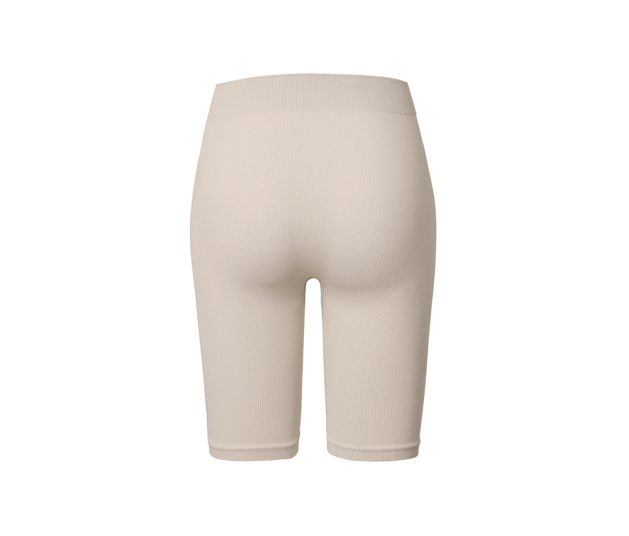 Szczegółowy widok z tyłu na bezszwowe szorty w kolorze beżowym.