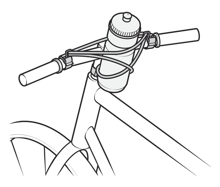 Butelka przymocowana do kierownicy taśmą elastyczną.