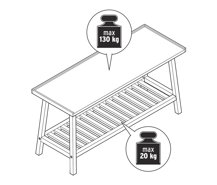 Schemat ławki z półką, górna powierzchnia wytrzymuje obciążenie do 130 kg, dolna półka do 20 kg.