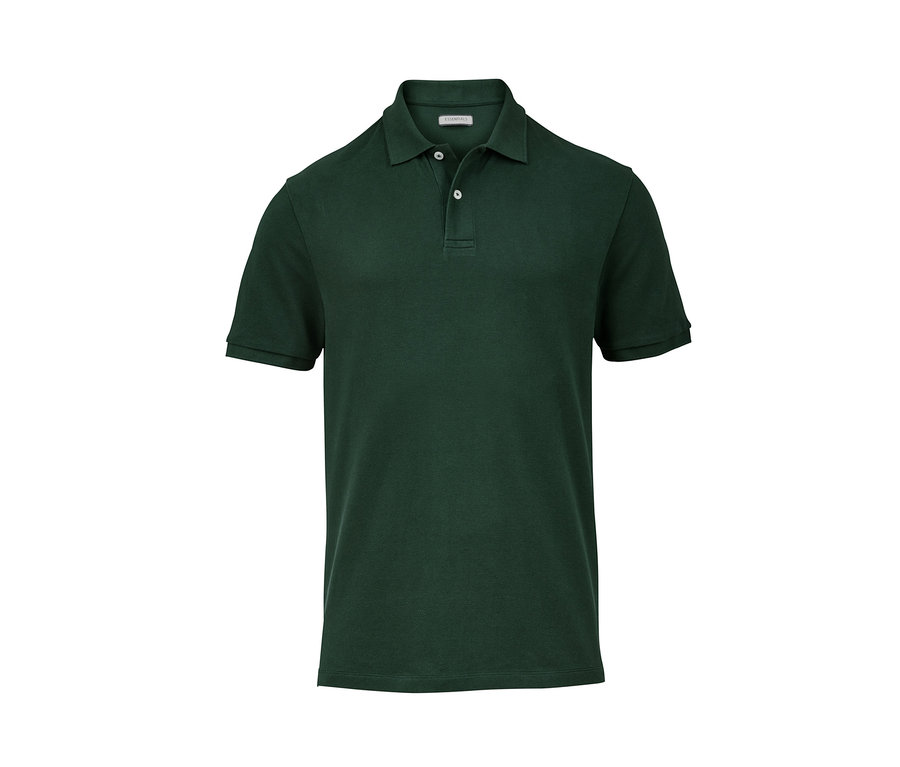 Ciemnozielona koszulka polo o splocie piqué z krótkimi rękawami i dwoma guzikami.