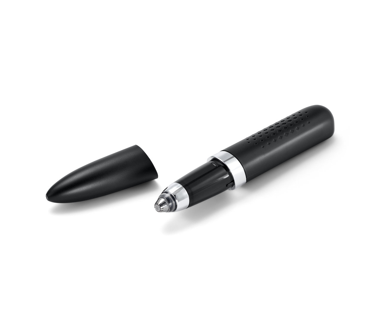 Czarny elektryczny trymer do brwi i jego nasadka leżą na białym tle.