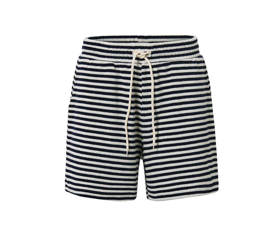 Pasiasta szorty z tkaniny frotté ze białym sznurkiem.