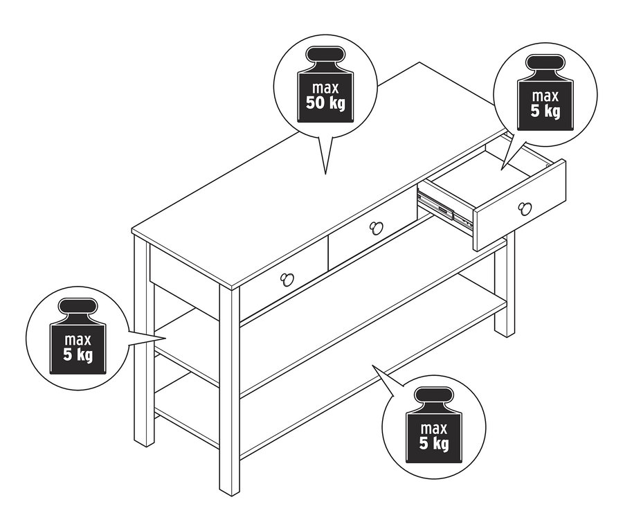 Rysunek lady z szufladami, z których jedna jest otwarta.