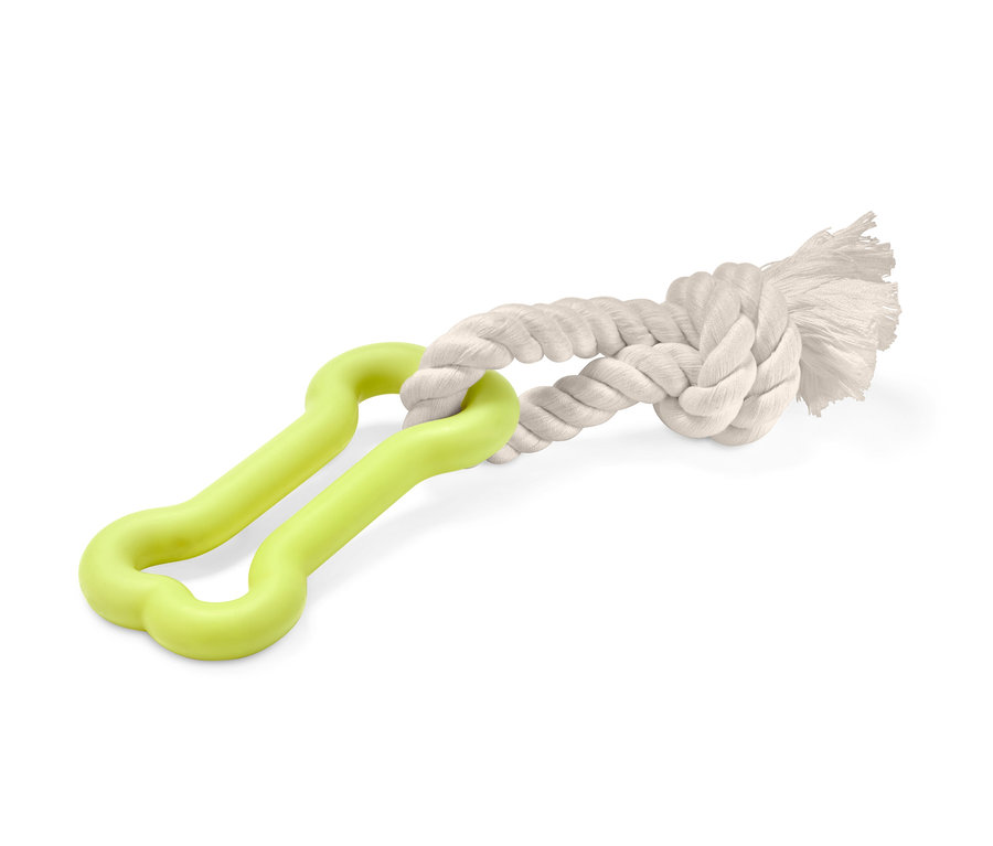 Zabawka dla psa: Zielona kość połączona z węzłem z białej liny.