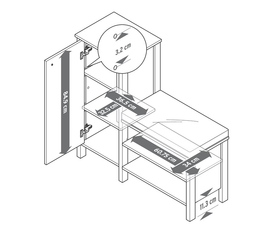 Ilustracja ławki z szafką na buty z zaznaczonymi wymiarami.