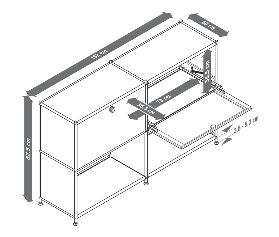 Szkic metalowej szafki „CN3” z 2 klapami do indywidualnego umieszczenia wraz z wymiarami.