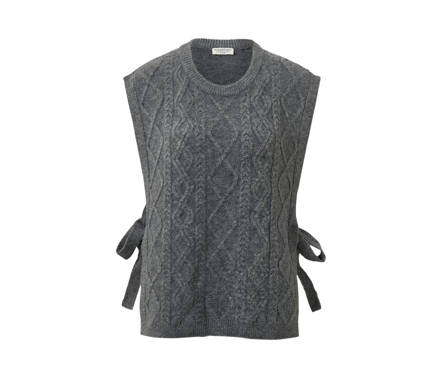 Szara dzianinowa kamizelka z troczkami do wiązania.