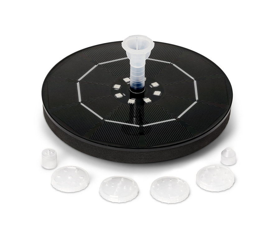 Pływająca fontanna solarna z podświetleniem na białym tle.