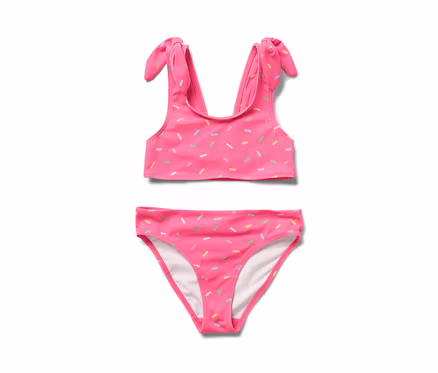 Dwuczęściowe bikini dla dzieci w kolorze różowym z nadrukiem kolorowej posypki.
