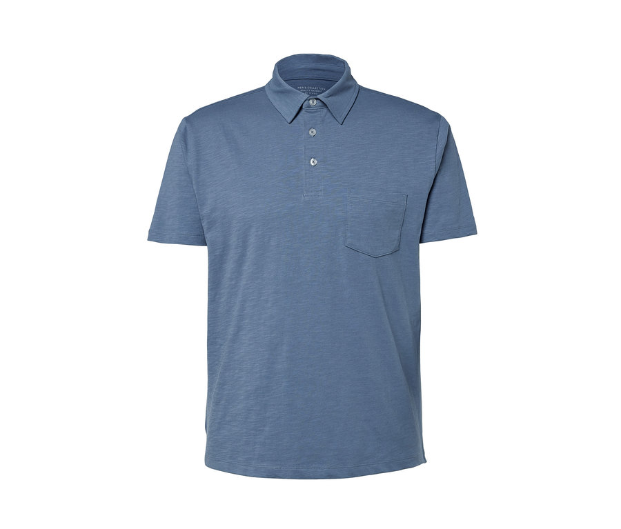 Jasnoniebieska melanżowa koszulka polo z dżerseju z krótkimi rękawami i kieszenią na piersi.