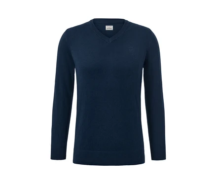 Granatowy sweter z dekoltem w szpic.