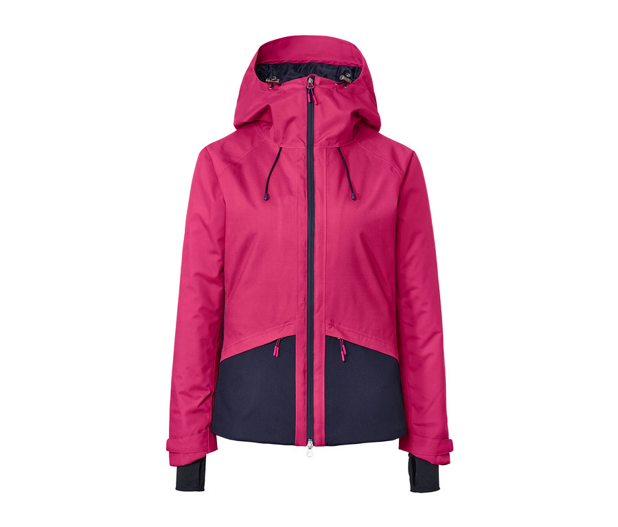 Różowo-granatowa kurtka narciarska z zamkiem błyskawicznym i kapturem.