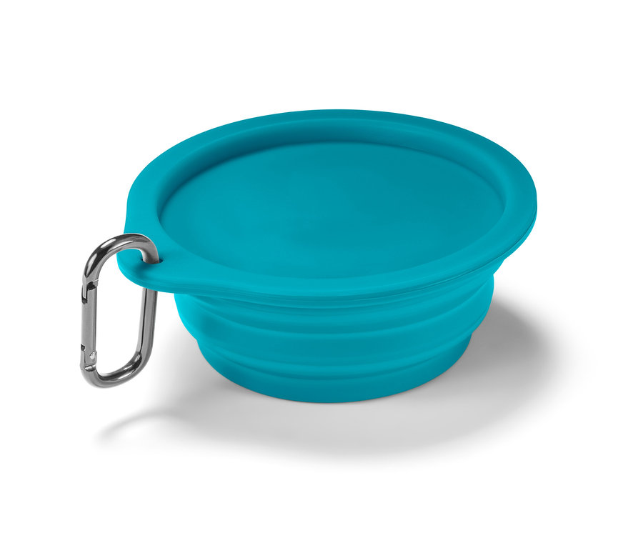 Turkusowa składana miska na karmę z karabińczykiem.