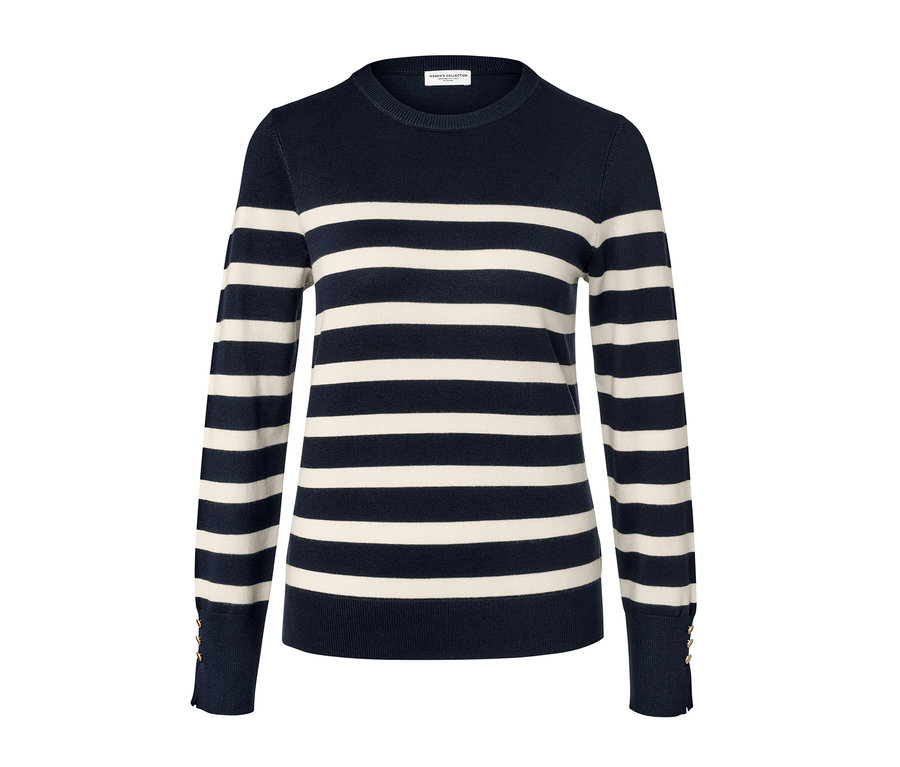 Granatowy, cienki sweter w paski.