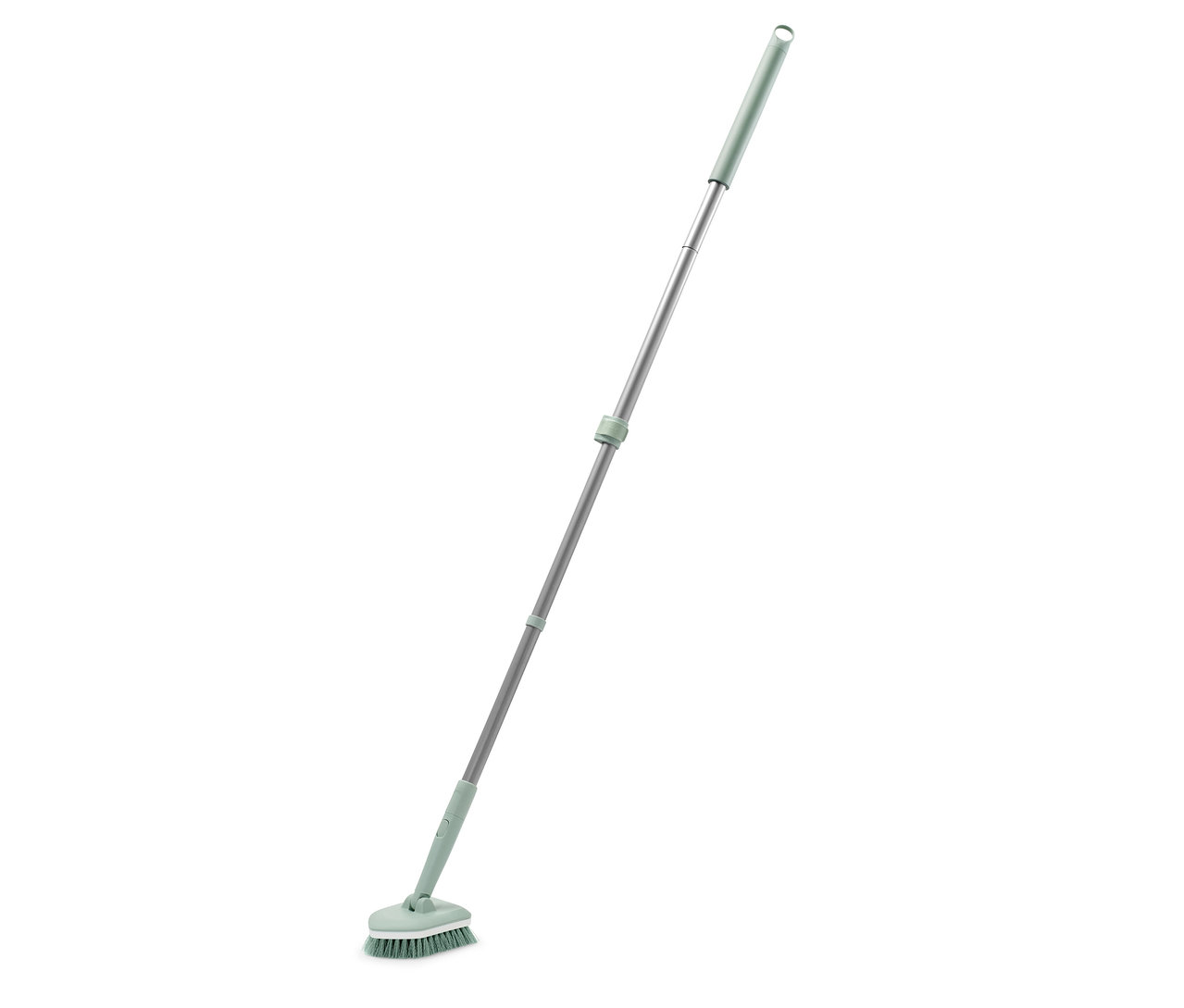 Szczotka do szorowania płytek i wanien ze srebrnym drążkiem teleskopowym.