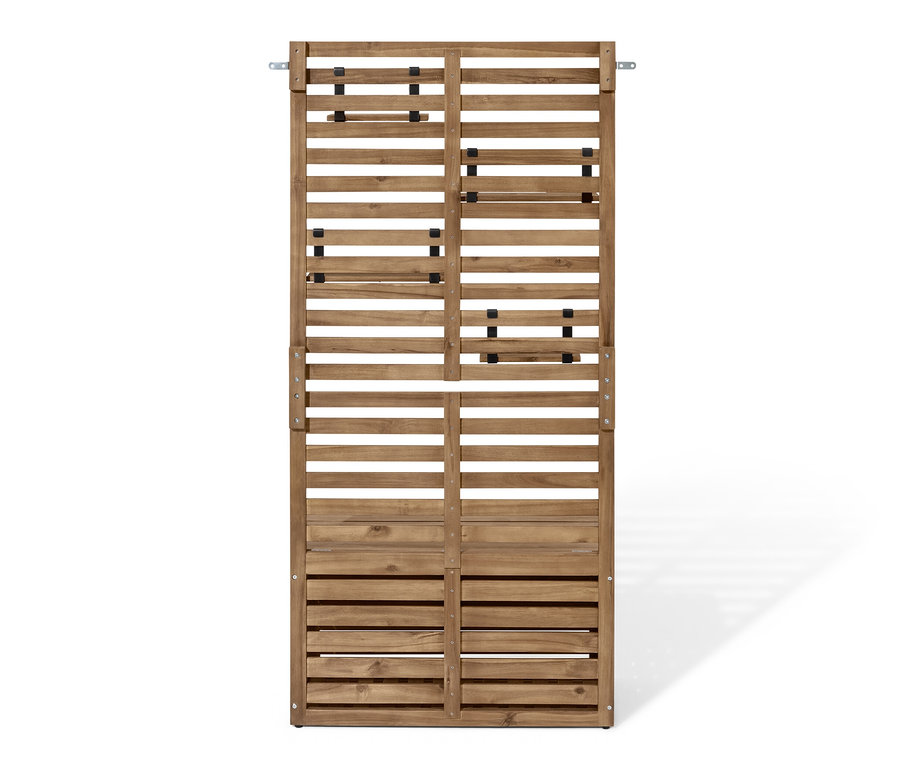 Drewniany parawan balkonowy ze schowkiem.