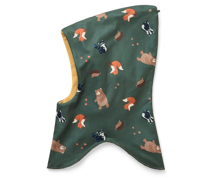 Zielona kominiarka z brązowymi niedźwiedziami, lisami, szopami praczy i jeżami.