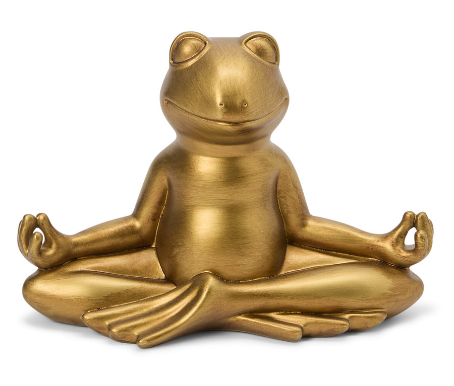 Złota statuetka żaby siedzącej w pozycji lotosu.