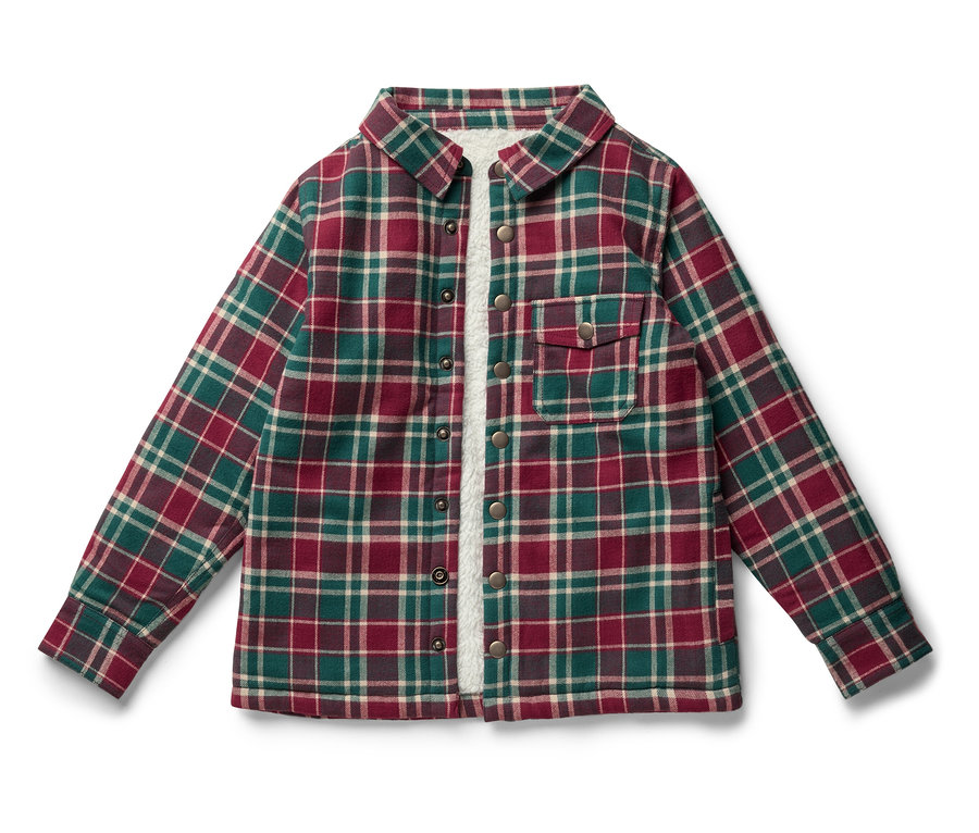 Rozłożona koszula z długim rękawem w kratę w kolorach zielonym, czerwonym i beżowym.