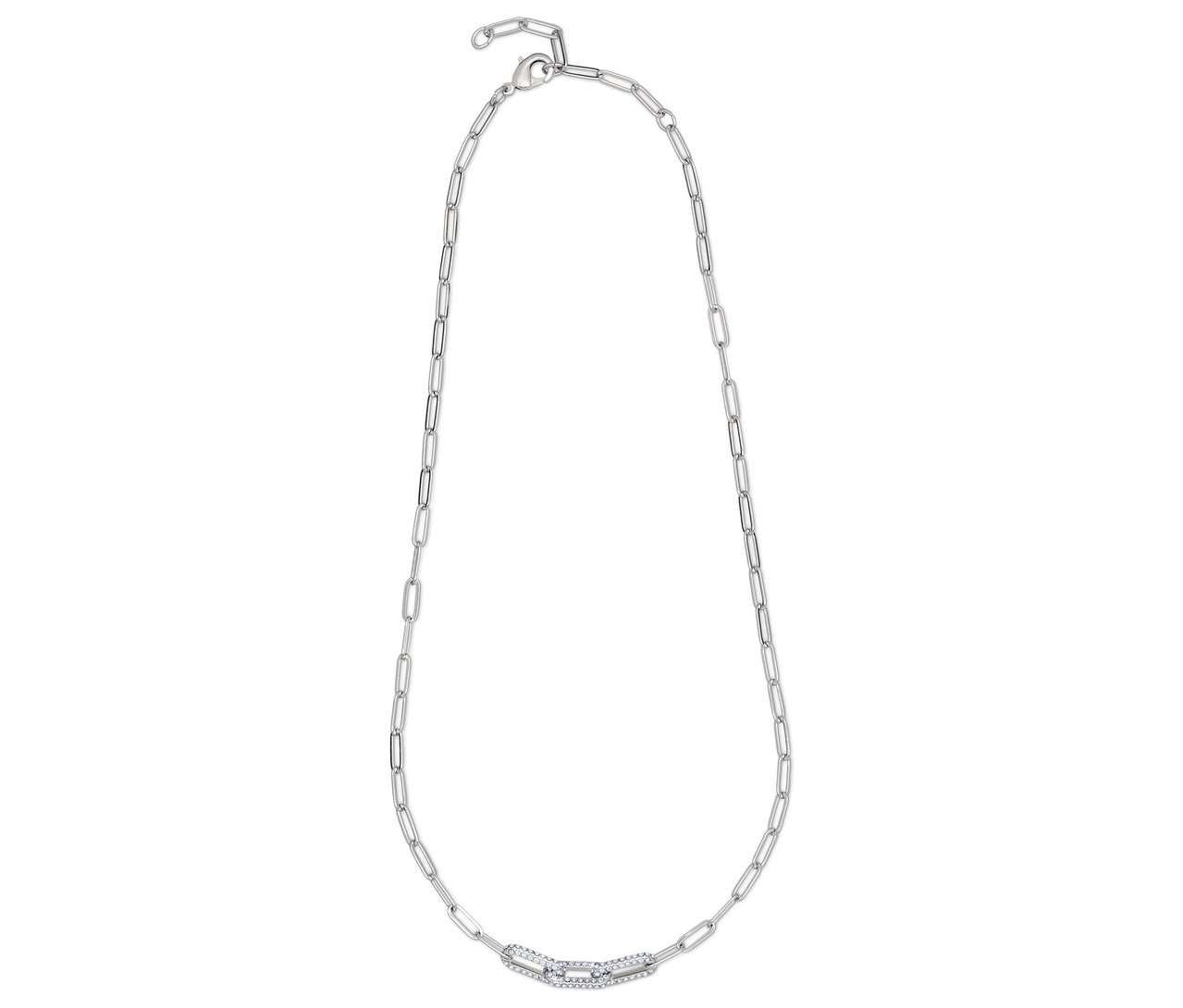 Srebrny naszyjnik z prostokątnymi ogniwami i ozdobnym elementem centralnym.