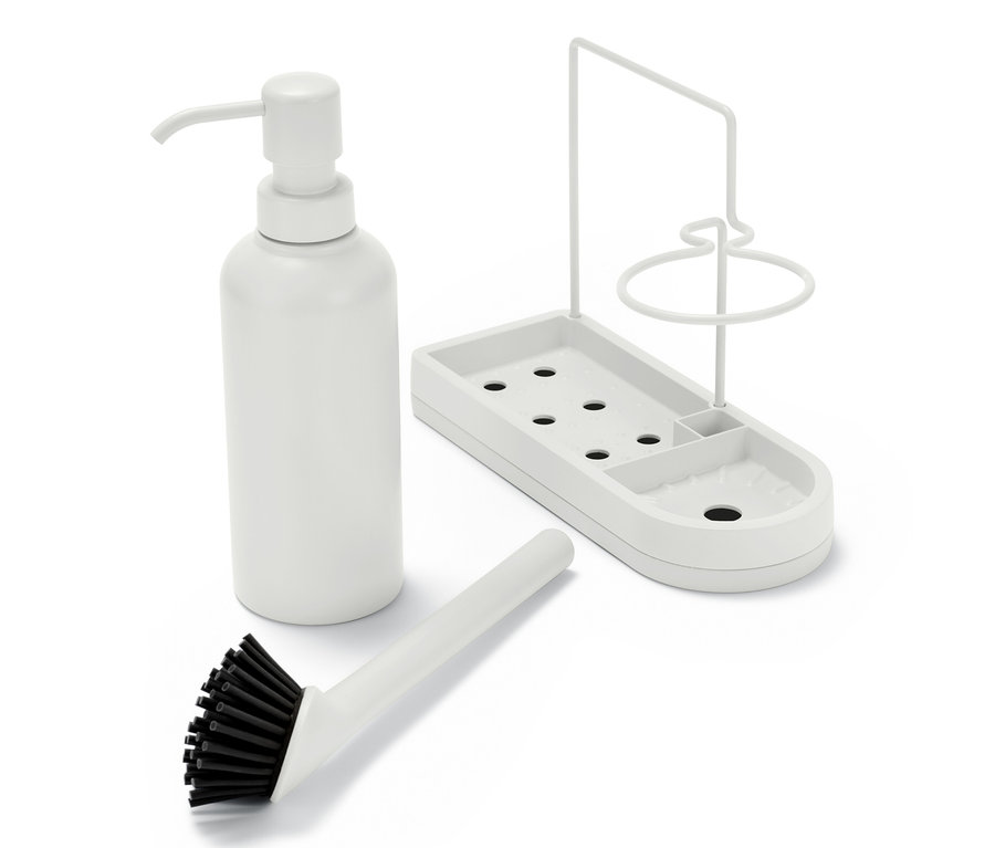 Biały stojak na przybory do mycia naczyń, butelka z pompką i szczotka do naczyń na białym tle.